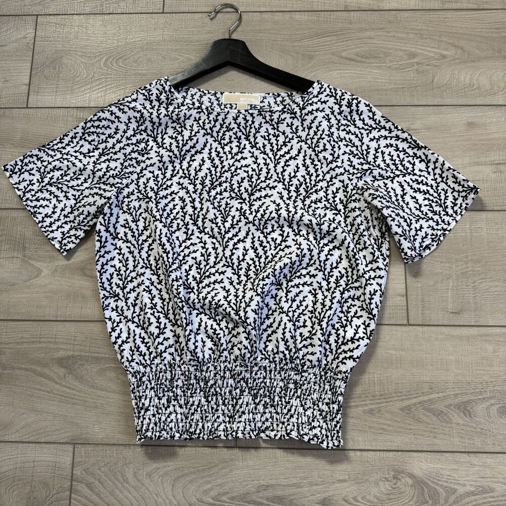 MICHAEL Michael Kors Black and White Leaf Print Smocked Waist Blouse, S/P